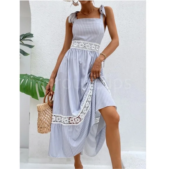 White Crochet Trim Striped Blue Maxi Dress Tie Straps Square Neck Flowy Flared - Picture 3 of 8